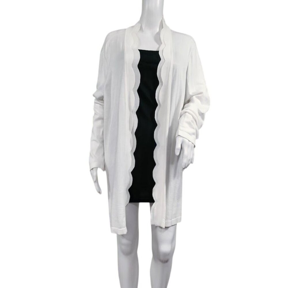 Roz Ali Long Sleeve Scalloped Mid-Length Open Front Cardigan Sweater White 3X